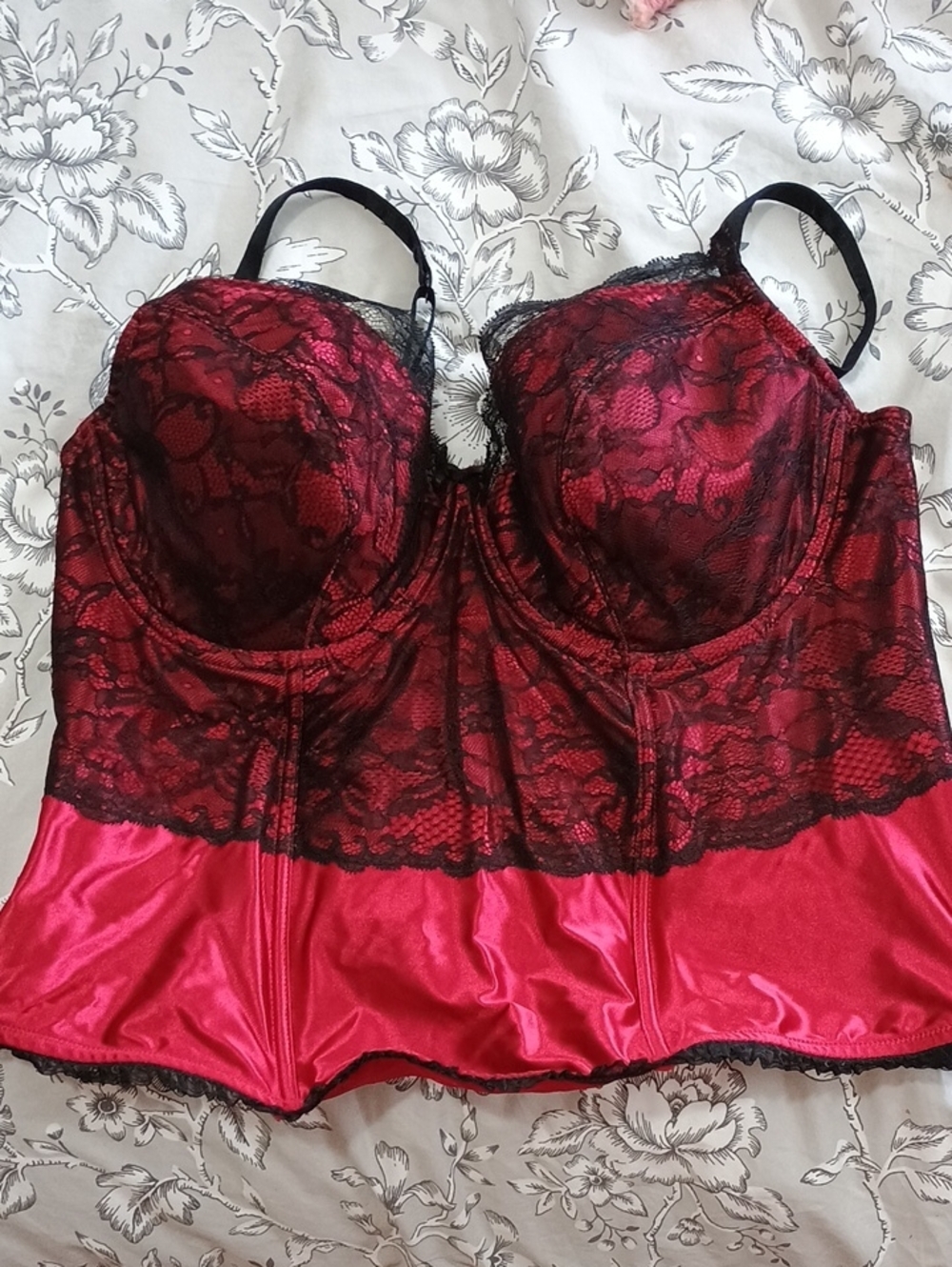 Cacique Red Satin and Black Lace Bustier
